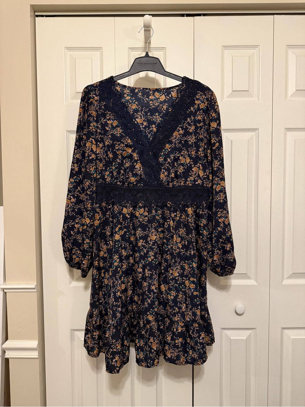 SHEIN Navy Floral Lace-Trim Long Sleeve Mini Dress